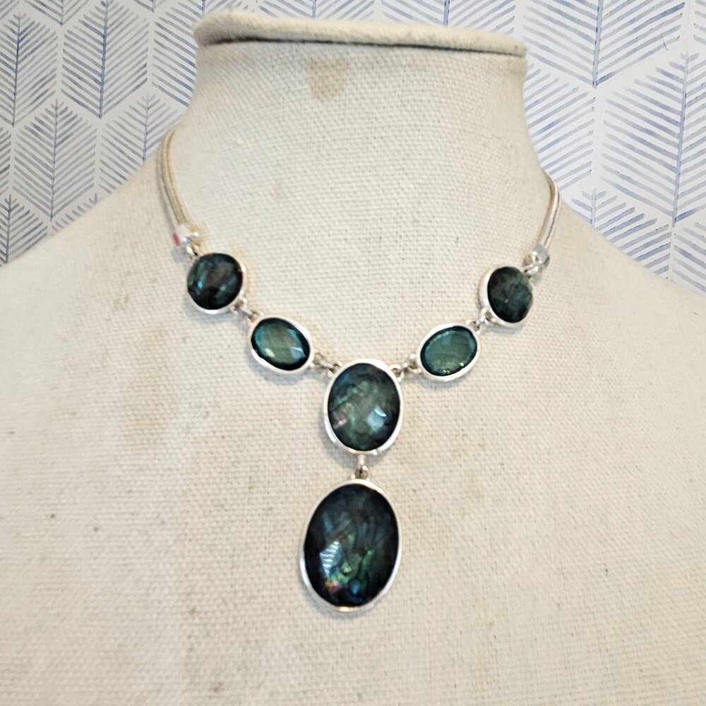 Labradorite Multi-Stone Silver Y-Shape Necklace - Blue-Green